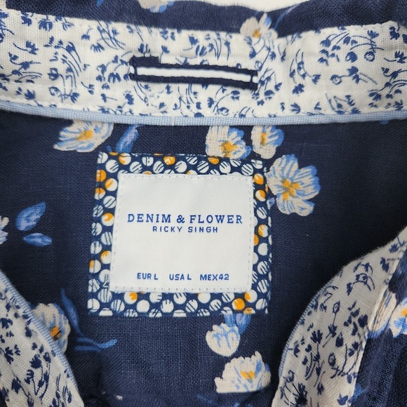 Denim & Flower Linen Shirt Sz L Short Sleeve Blue Floral Button Down Vacation - Picture 4 of 7